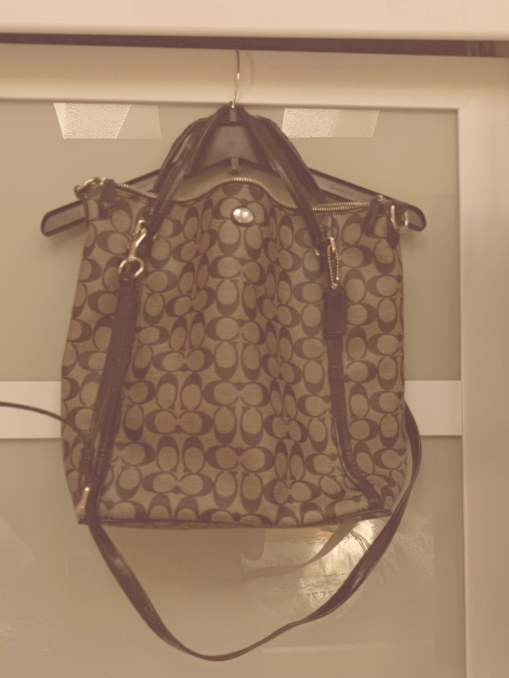 Authentic Coach Gray Black Signature Patterned Tote Bag with Black Trim